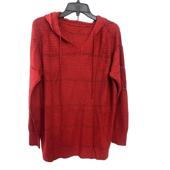 Tops - Red Pointelle Knit Hoodie Sweater V-Neck Open Knit Long Sleeve Drawstring Hood